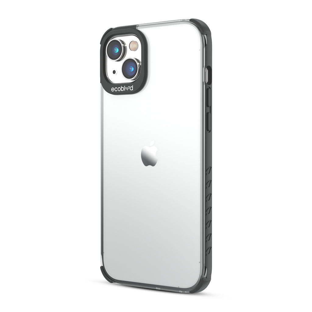 Left View Of Black Laguna Collection iPhone 14 Case With A Clear Back Showing Volume Buttons & Non-Slip Grip