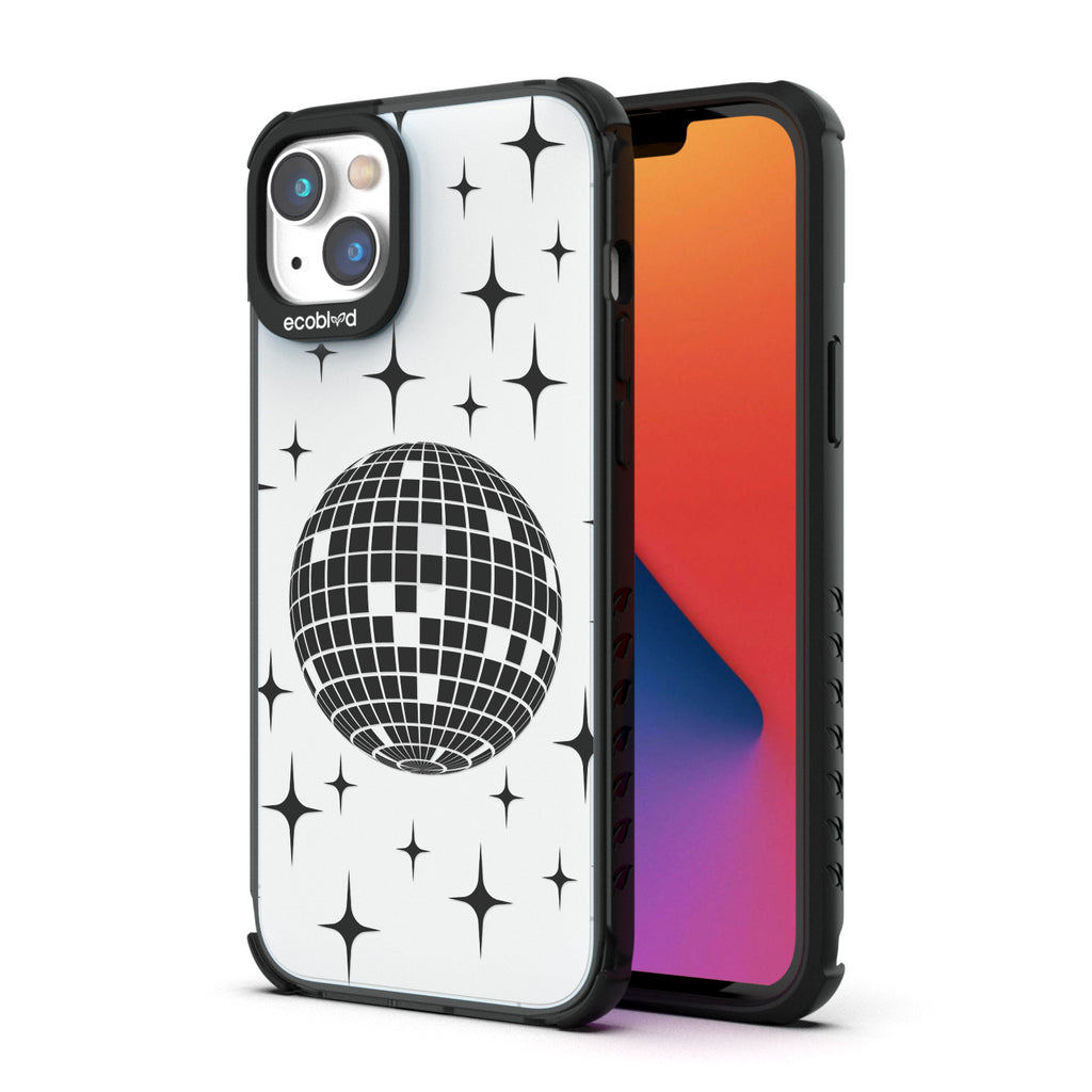 Back View Of Black Compostable iPhone 14 Clear Case With The Disco With The Flow Design & Front View Of Screen