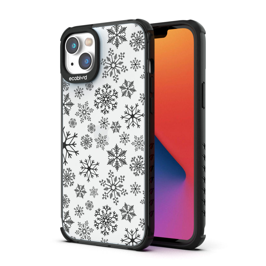 Back View Of Eco-Friendly Black iPhone 14 Plus Winter Laguna Case With The Let It Snow Design & Front View Of The Screen