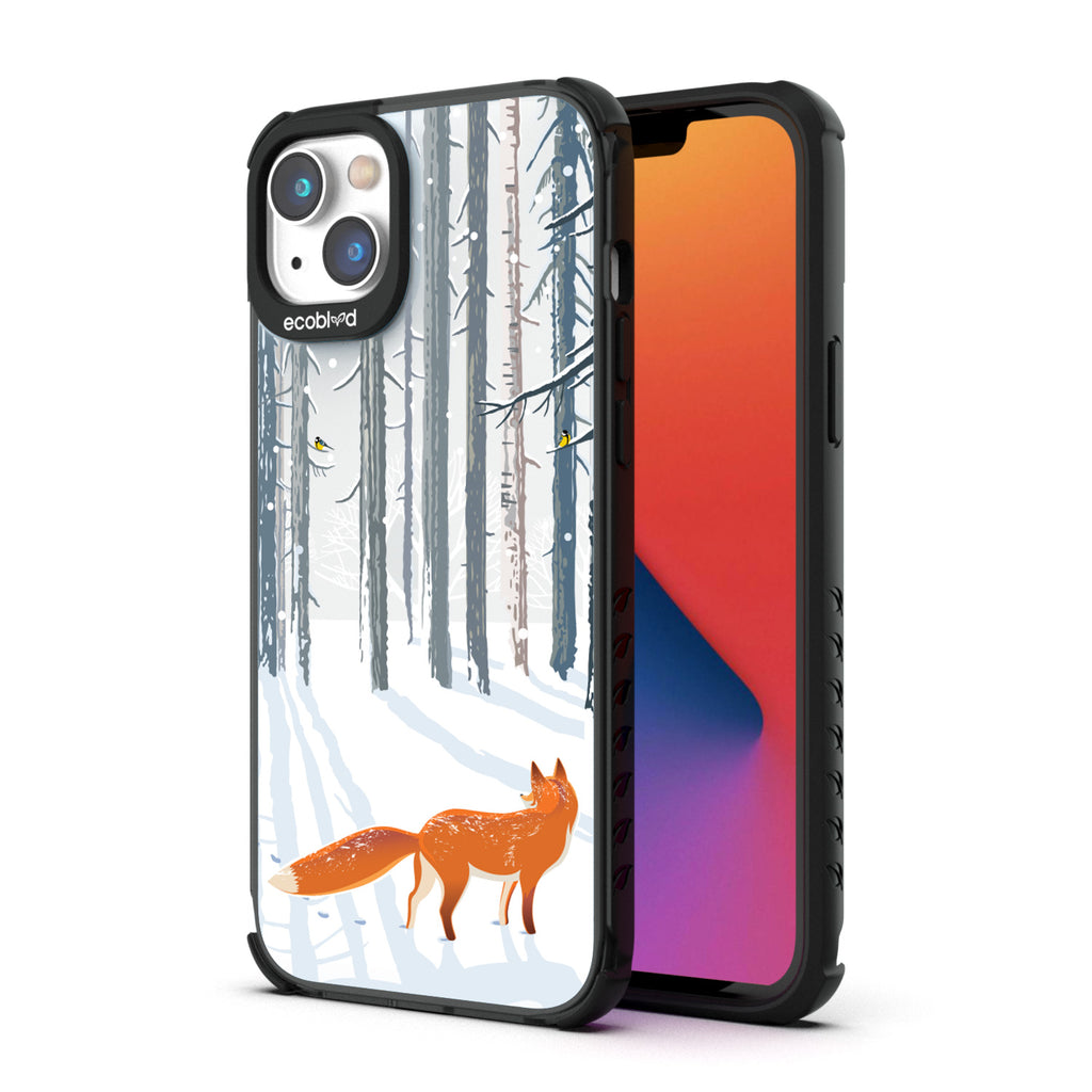 Back View Of Black Eco-Friendly iPhone 14 Plus Clear Case With The Fox Trot In The Snow Design & Front View Of Screen