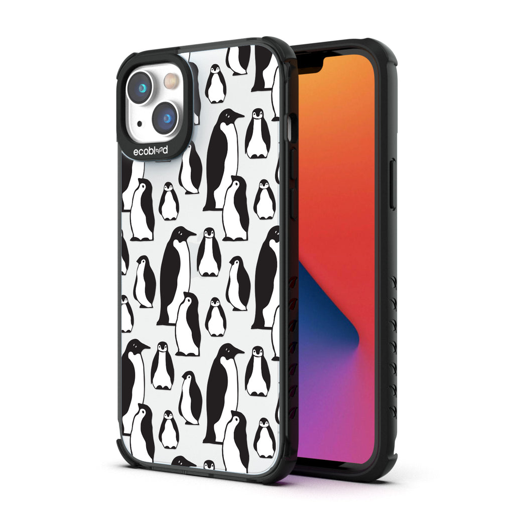 Back View Of Eco-Friendly Black iPhone 14 Plus Winter Laguna Case With The Penguins Design & Front View Of The Screen
