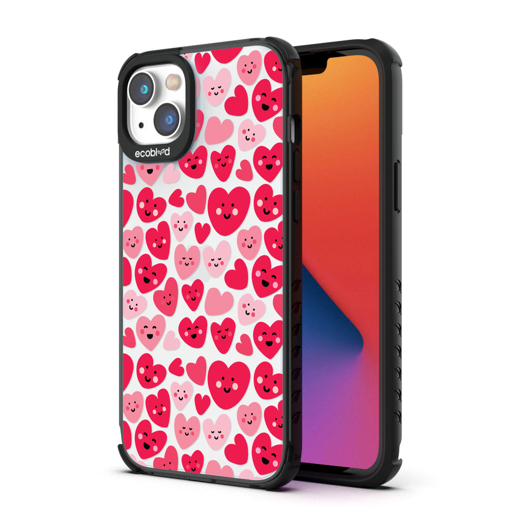 Back View Of Black Eco-Friendly iPhone 14 Plus Clear Case With The Happy Hearts Design & Front View Of Screen