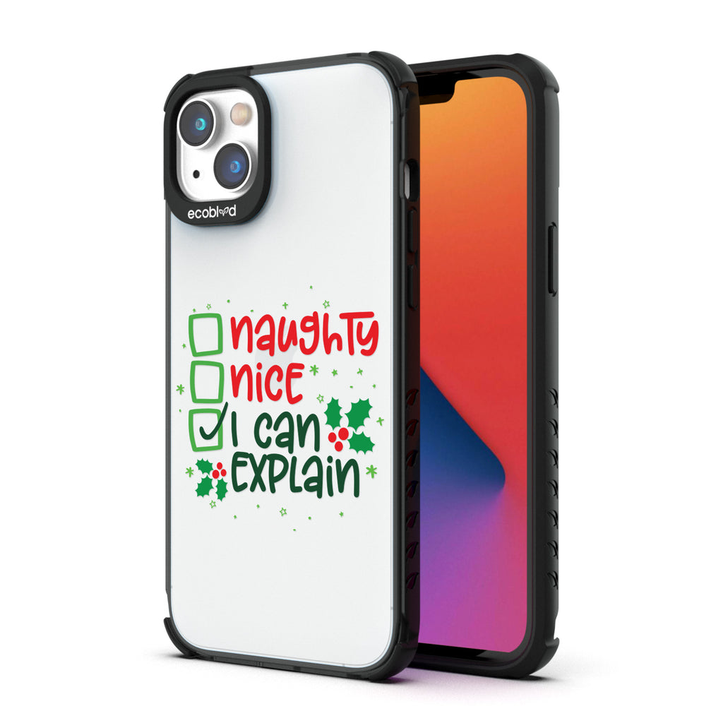 Back View Of Eco-Friendly Black iPhone 14 Winter Laguna Case With I Can Explain Design & Front View Of The Screen