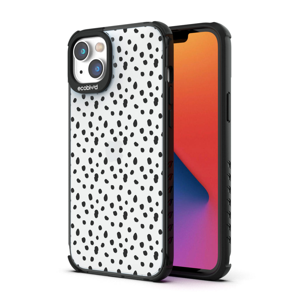 Back View Of Eco-Friendly Black  iPhone 14 Timeless Laguna Case With On The Dot Design & Front View Of Screen 