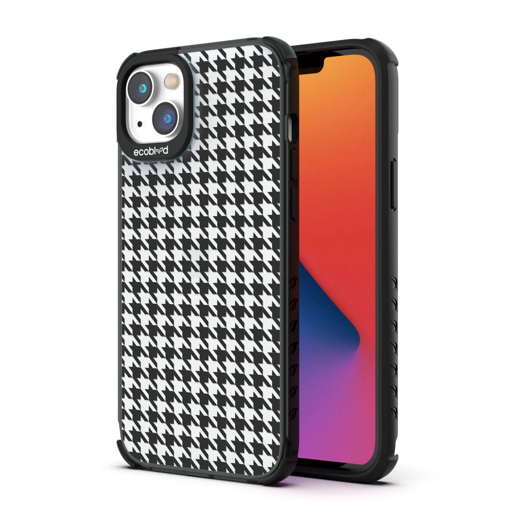Back View Of Eco-Friendly Black iPhone 14 Timeless Laguna Case With Houndstooth Design & Front View Of Screen 