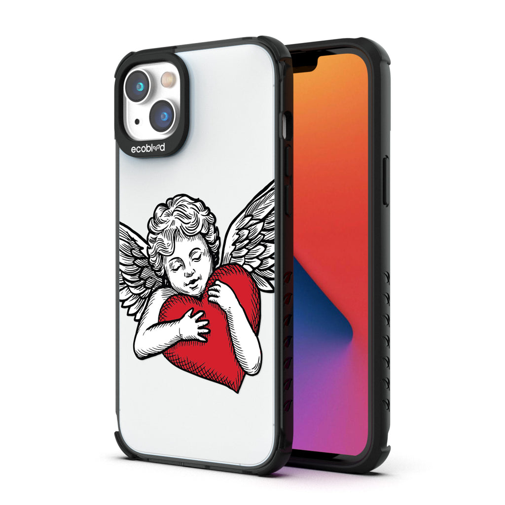 Back View Of Black Eco-Friendly iPhone 14 Plus Clear Case With The Cupid Design & Front View Of Screen