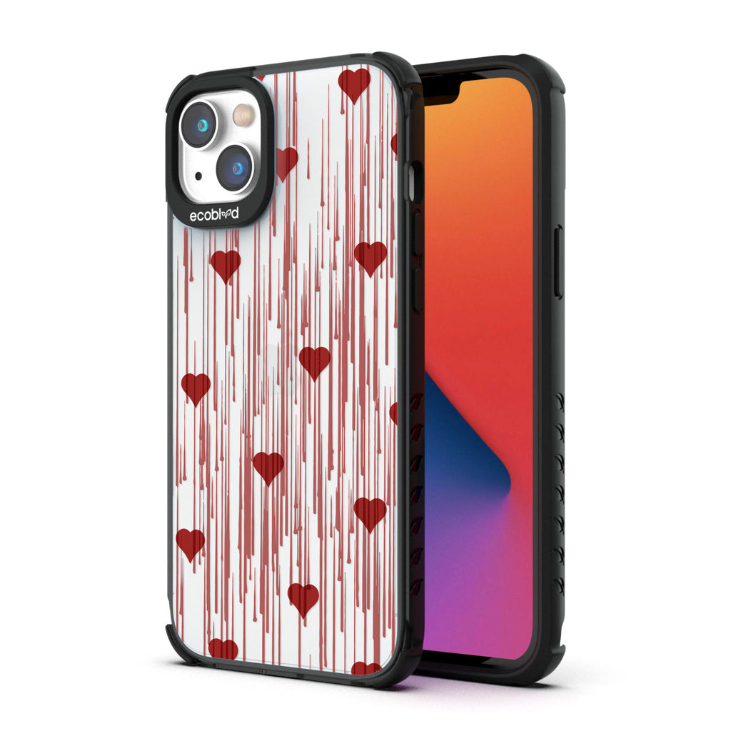 Back View Of Black Eco-Friendly iPhone 14 Plus Clear Case With The Bleeding Hearts Design & Front View Of Screen