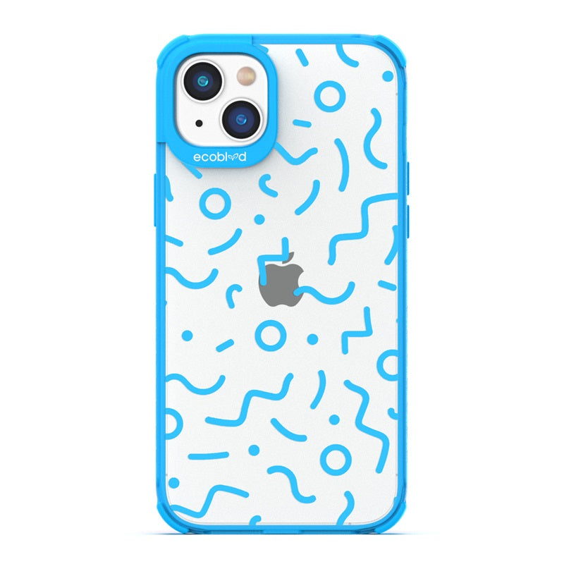 90's Kids - Blue Eco-Friendly iPhone 14 Case with Retro 90's Lines & Squiggles On A Clear Back