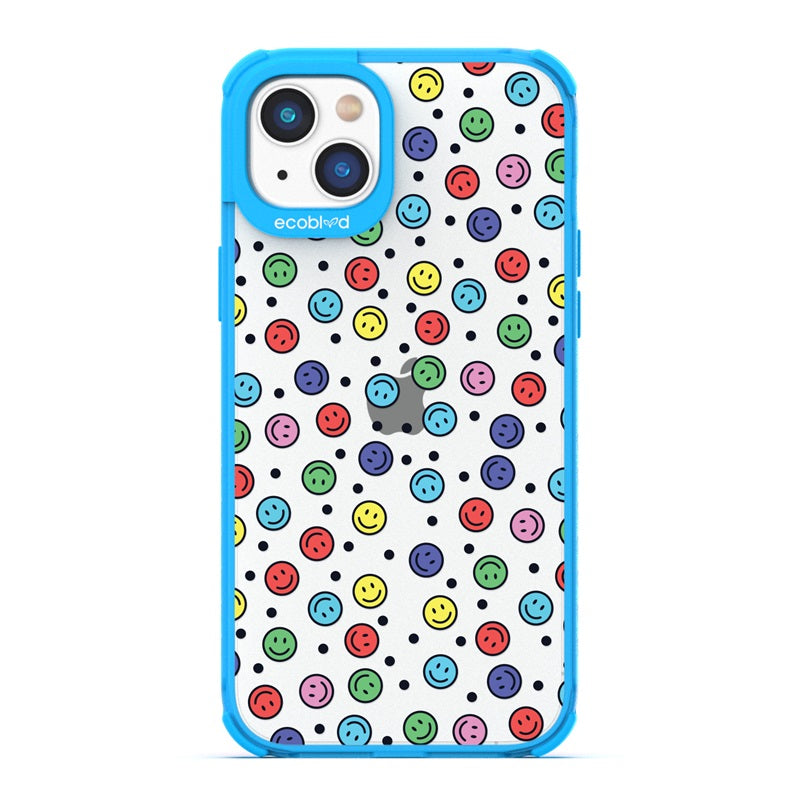 Laguna Collection - Blue Eco-Friendly iPhone 14 Case With Multicolored Smiley Faces & Black Dots On A Clear Back 