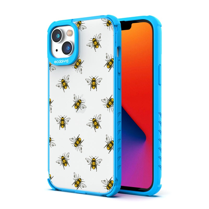 Back View Of The Blue iPhone 14 Laguna Case With The Bees Design On A Clear Back And Front View Of The Screen