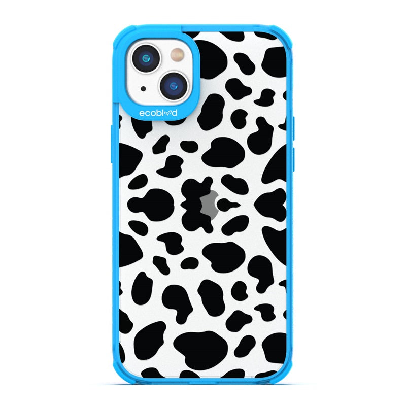 Laguna Collection - Blue Eco-Friendly iPhone 14 Case With A Black Spot Cow Print Pattern On A Clear Back - Compostable