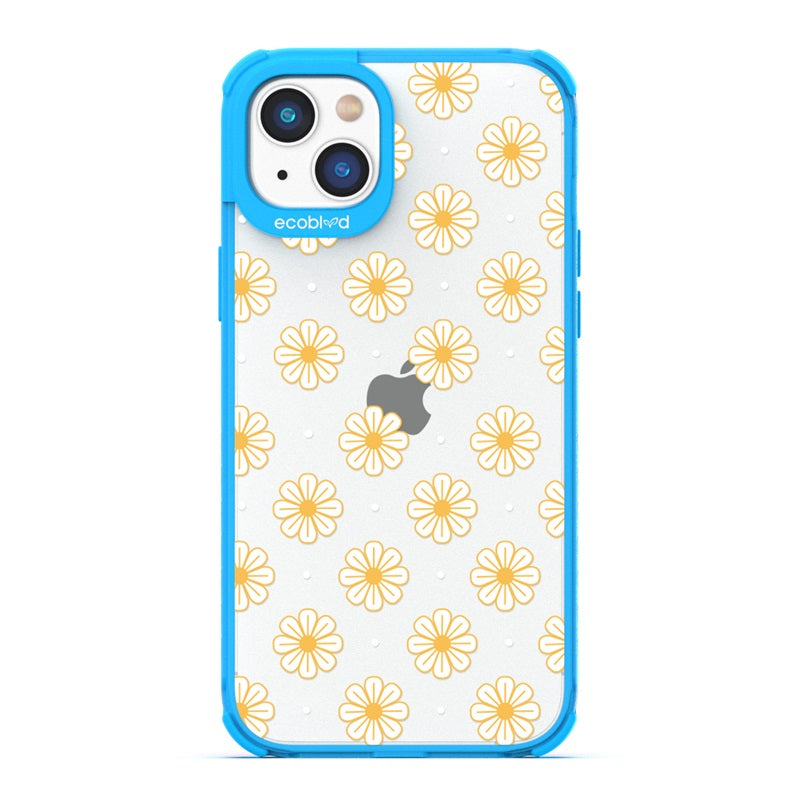 Laguna Collection - Blue Eco-Friendly iPhone 13 Case With White Floral Pattern Daisies & Dots On A Clear Back - Compostable
