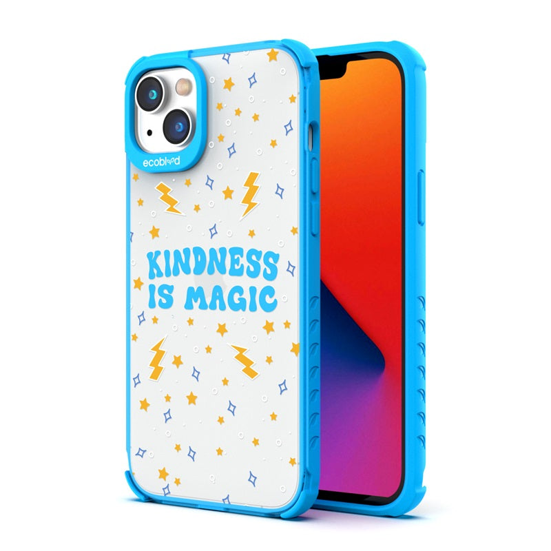 Back View Of Blue Eco-Friendly iPhone 14 Laguna Case With Kindness Is Magic Design & Front View Of Screen