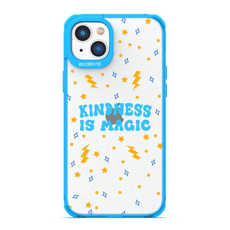 Laguna Collection - Blue Compostable iPhone 14 Case With Kindness Is Magic, Lightning & Stars On A  Clear Back