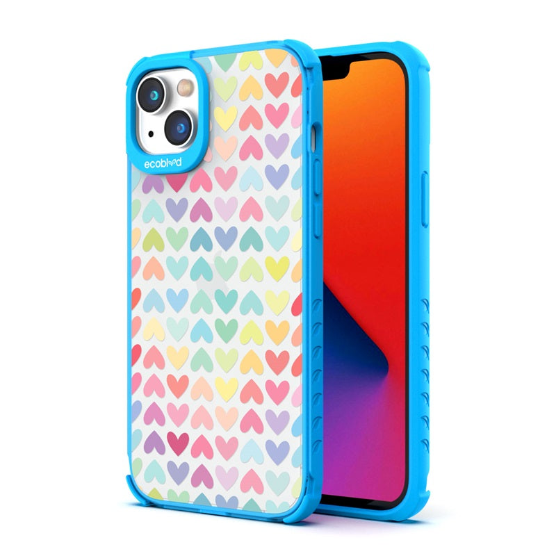 Back View Of Blue Compostable Laguna iPhone 14 Case With Love Is Love Design & Front View Of Screen