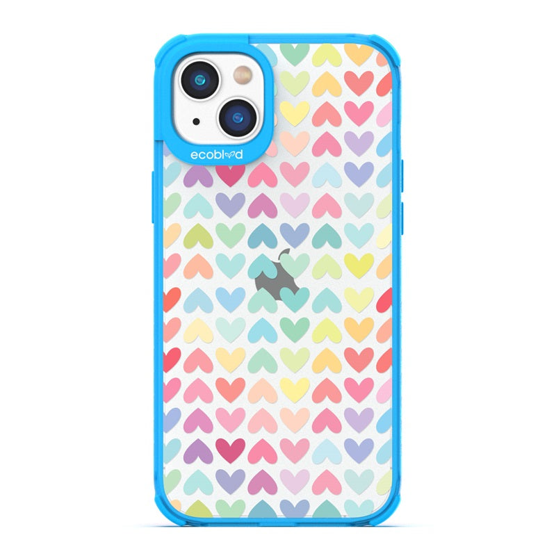 Laguna Collection - Blue Eco-Friendly iPhone 14 Case With A Pastel Rainbow Hearts Pattern On A Clear Back - Compostable