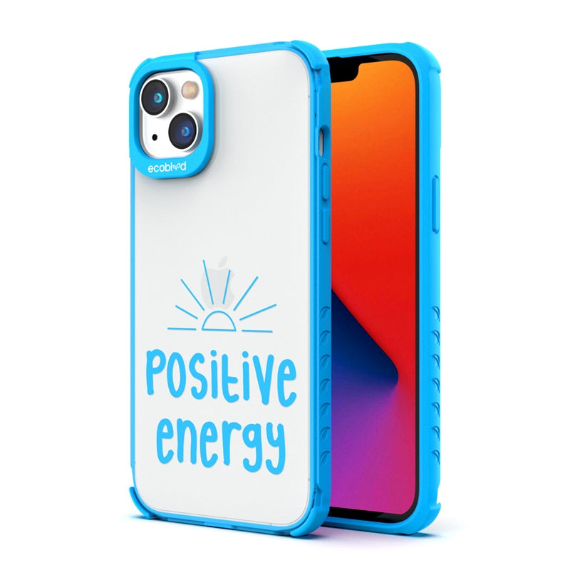 Back View Of The Blue iPhone 14 Laguna Case With The Positive Energy Design On A Clear Back And Front View Of The Screen