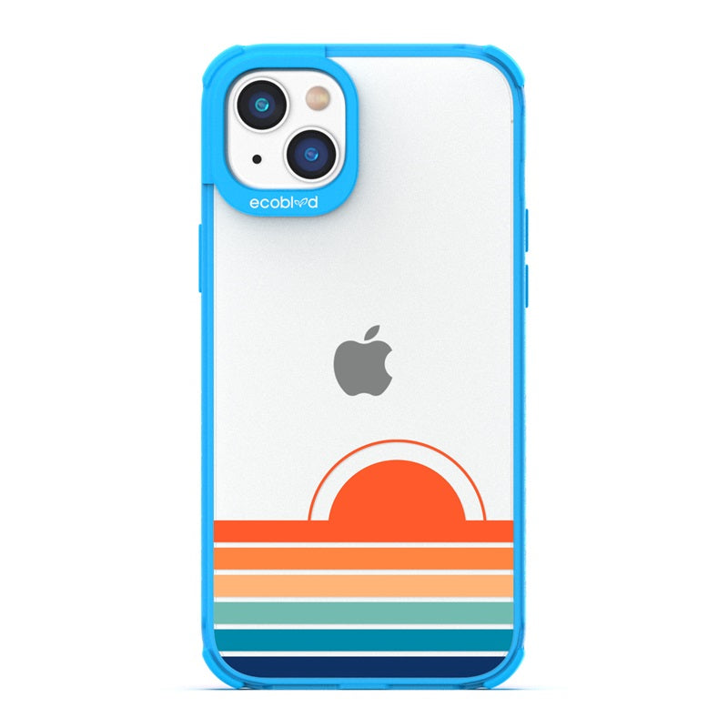 Laguna Collection - Blue Eco-Friendly iPhone 14 Case With The Sun Rising From Rainbow Stripes On A Clear Back - Compostable