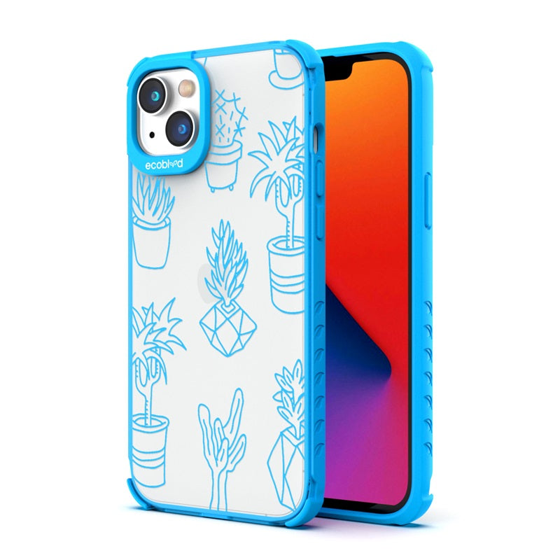 Back View Of The Blue iPhone 14 Laguna Case With The Succulent Garden Design On A Clear Back And Front View Of The Screen