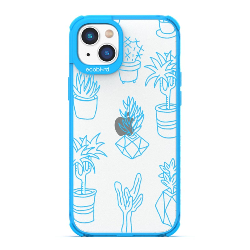 Laguna Collection - Blue Eco-Friendly iPhone 14 Case With Line Art Succulent Garden Print On A Clear Back - Compostable
