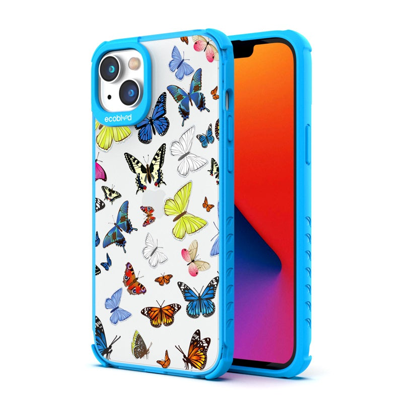 Back View Of The Blue iPhone 14 Laguna Case With You Give Me Butterflies Design On A Clear Back And Front View Of The Screen