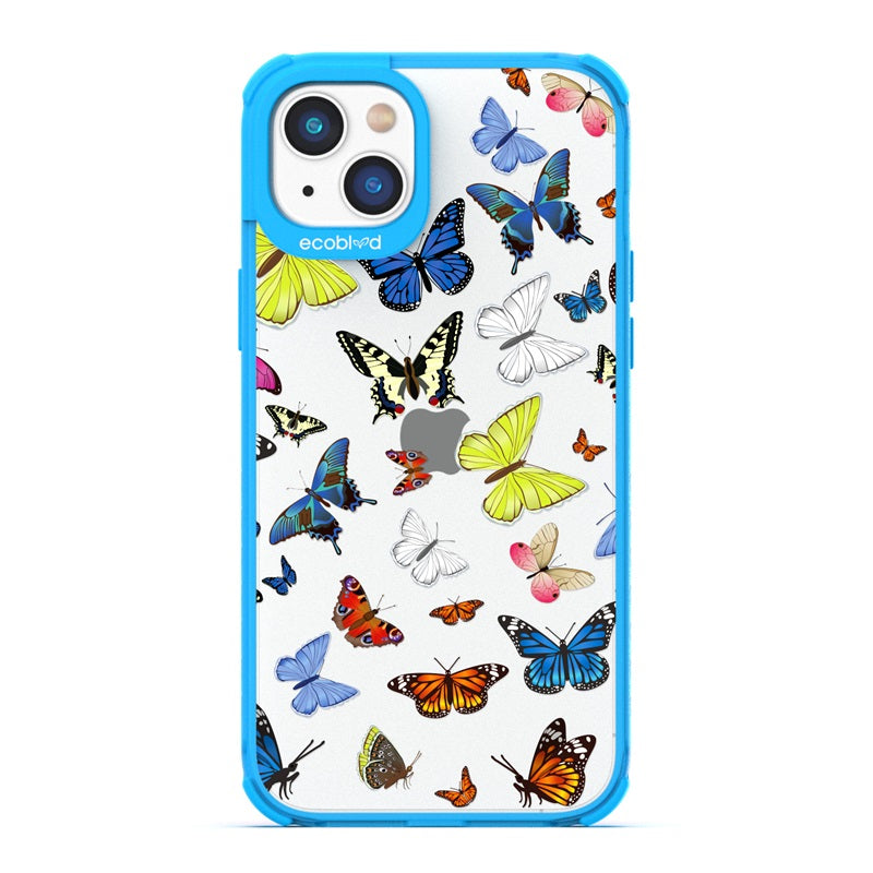 Laguna Collection - Blue Eco-Friendly iPhone 14 Case With Multicolored Butterflies On A Clear Back - Compostable
