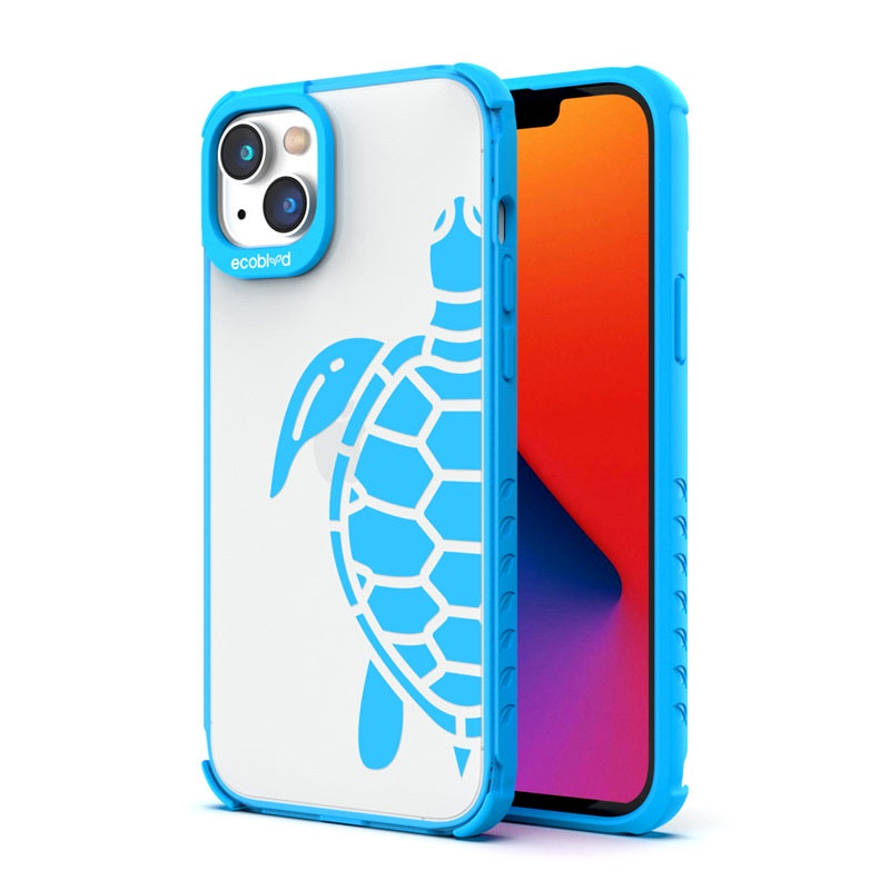 Back View Of The Blue iPhone 14 Laguna Case With The Sea Turtle Design On A Clear Back And Front View Of The Screen
