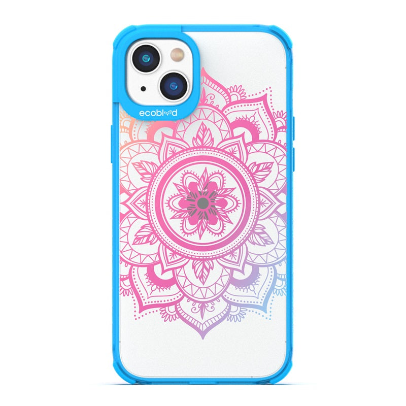Laguna Collection - Blue Eco-Friendly iPhone 14 Case With A Pink Gradient Lotus Flower Mandala Design On A Clear Back 