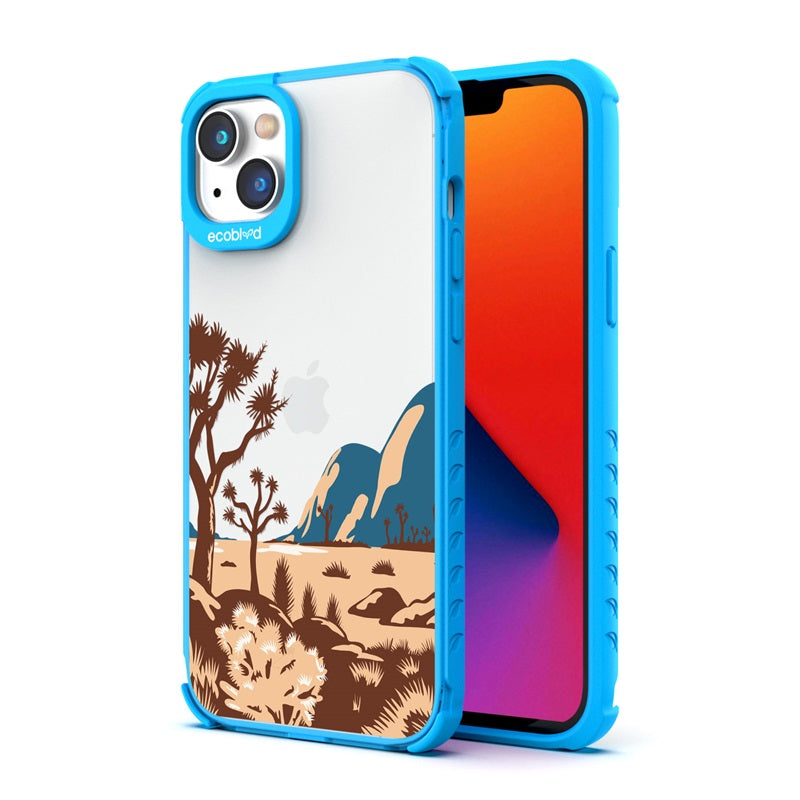 Back View Of The Blue Compostable iPhone 14 Laguna Case With Joshua Tree Design & Front View Of The Screen