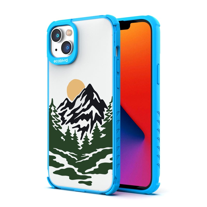 Back View Of Blue Compostable Laguna iPhone 14 Case With Mountains Design & Front View Of Screen