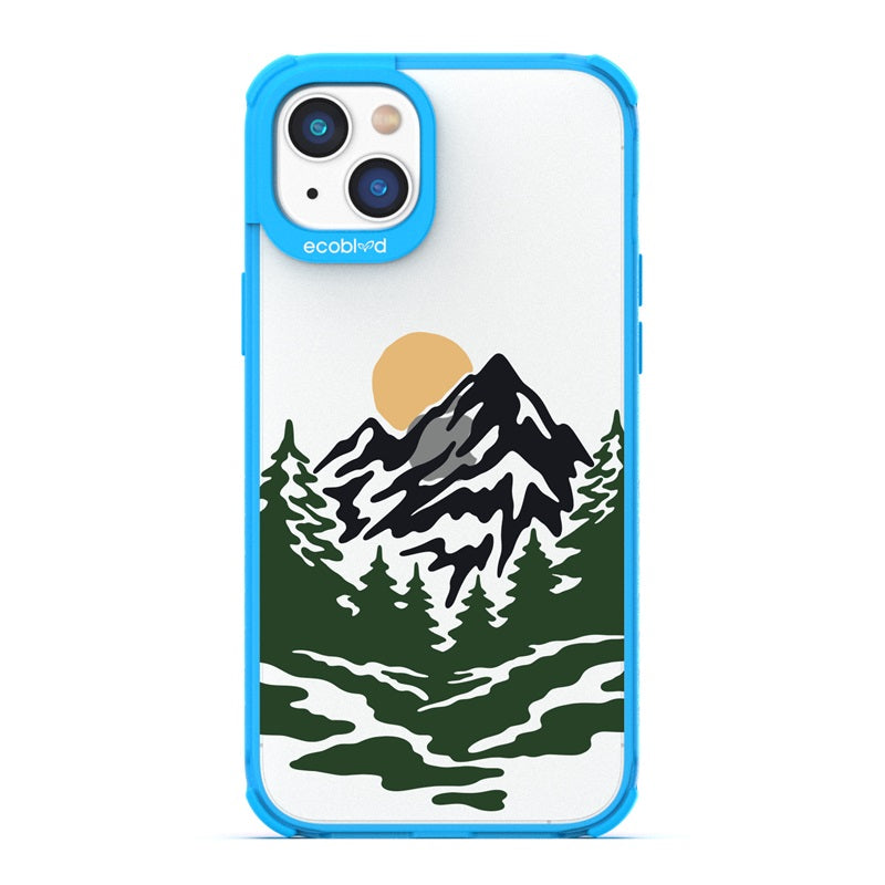 Laguna Collection - Blue Eco-Friendly iPhone 14 Case With A Minimalist Moonlit Treelined Mountain Landscape On A Clear Back