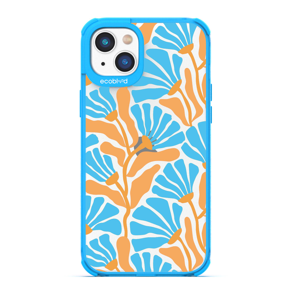 Spring Collection - Blue Compostable iPhone 14 Case - Tropical Flowers With Tan Base & Blue Petals On A Clear Back
