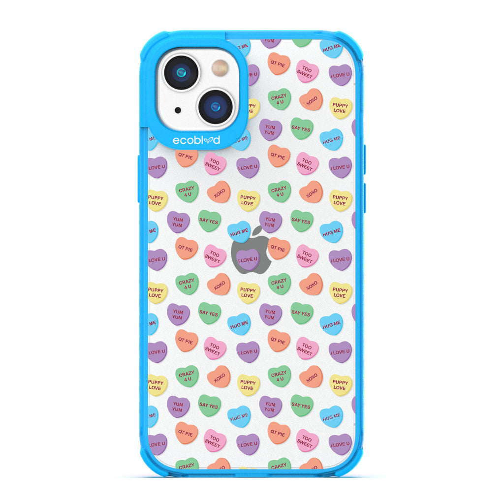 Love Collection - Blue Compostable iPhone 14 Plus Case - Pastel Candy Hearts With Romantic Quotes On A Clear Back