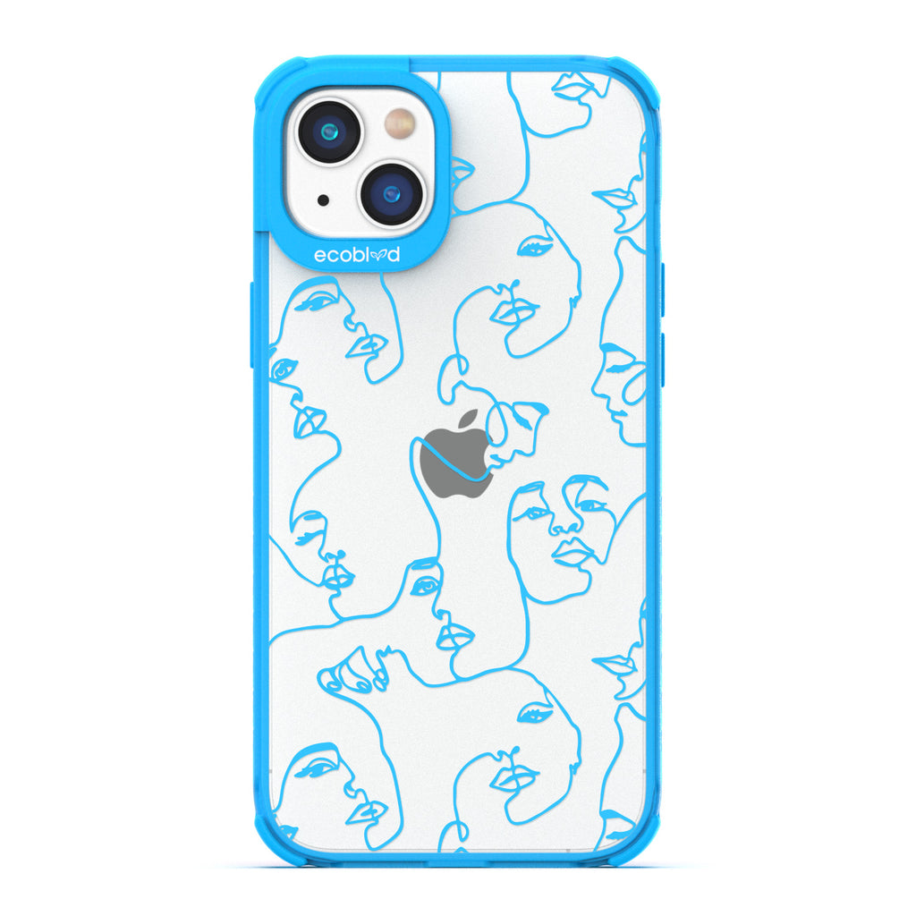 Contemporary Collection - Blue Compostable iPhone 14 Case - Line Art Of A Woman’s Face On A Clear Back
