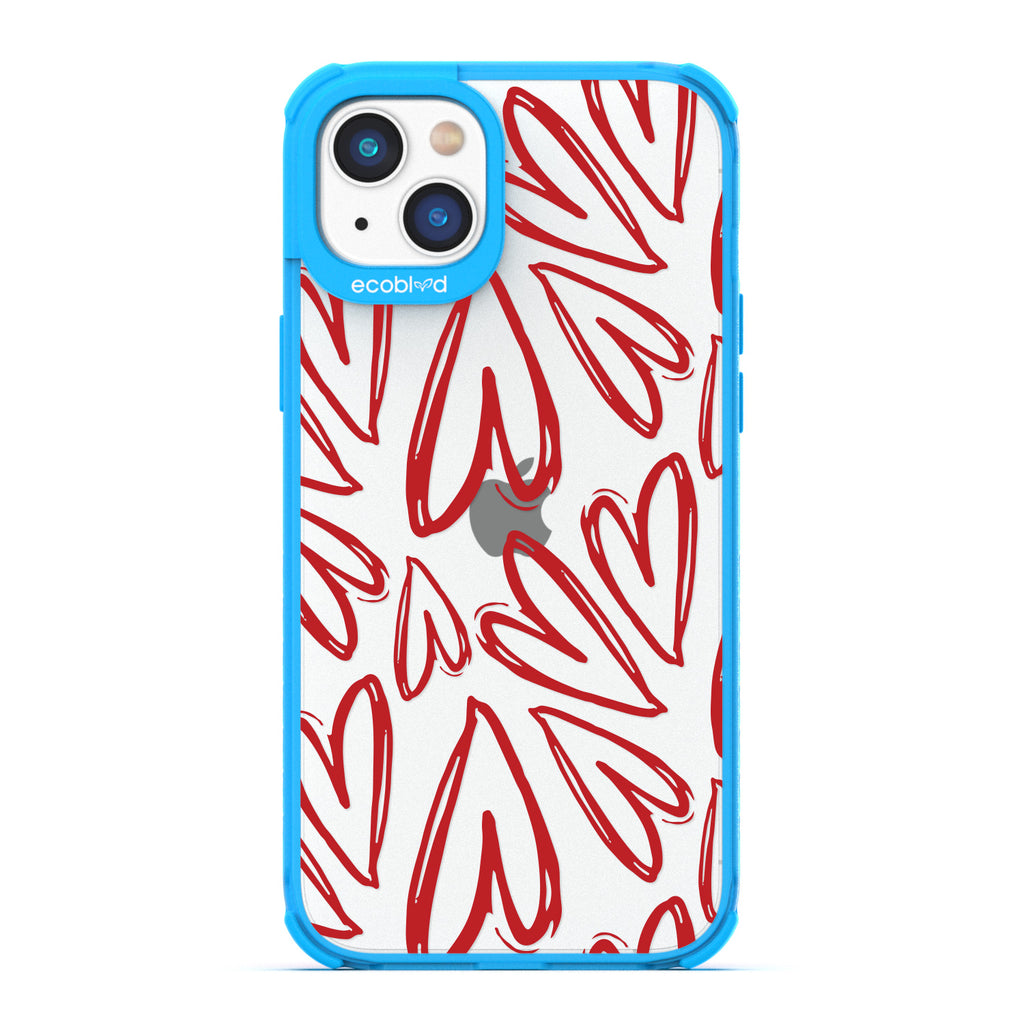 Love Collection - Blue Compostable iPhone 14 Case - Painted / Sketched Red Hearts On A Clear Back