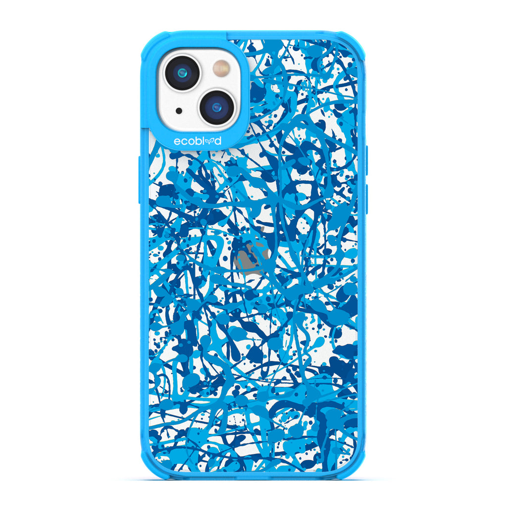Contemporary Collection - Blue Compostable iPhone 14 Case - Abstract Pollock-Style Painting On A Clear Back