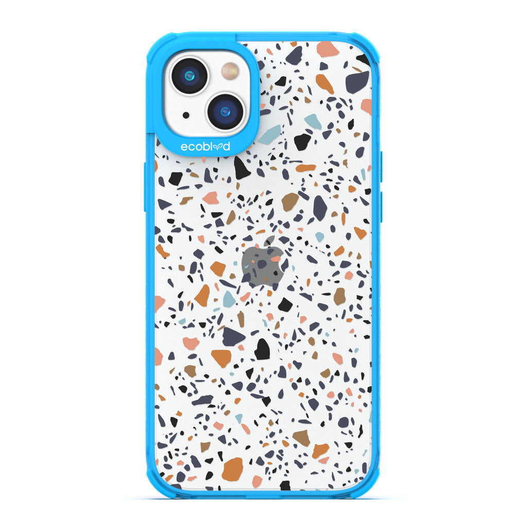 Timeless Collection - Blue Laguna Compostable iPhone 14 Case With A Speckled Terrazzo Pattern On A Clear Back