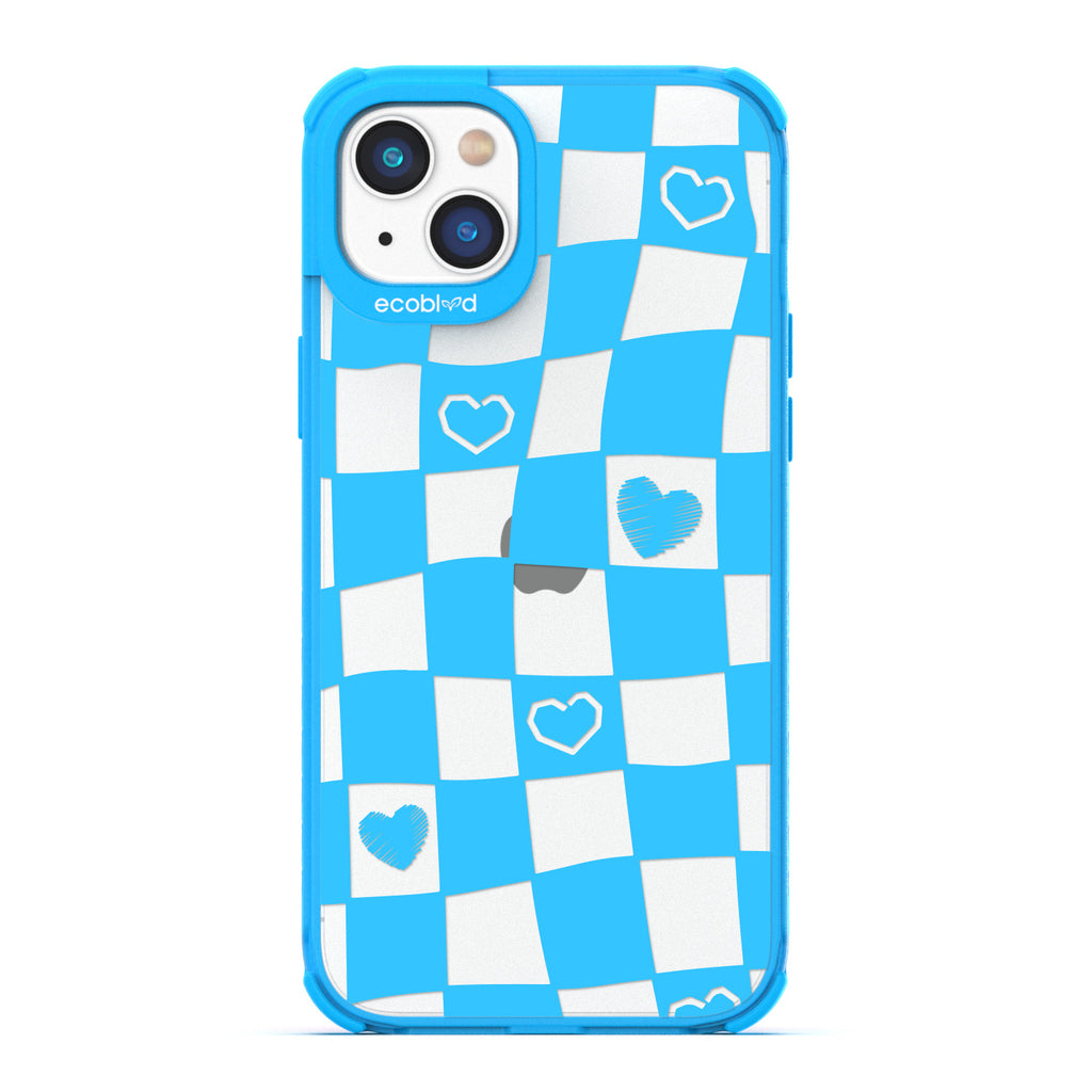 Love Collection - Blue Compostable iPhone 14 Plus Case - Wavy Checkered Print & Scribbled Hearts On A Clear Back