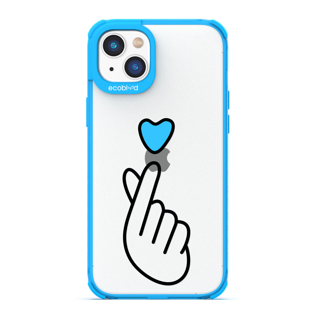 Love Collection - Blue iPhone 14 Case - Blue Heart Above Hand With Index Finger & Thumb Crossed On Clear Back