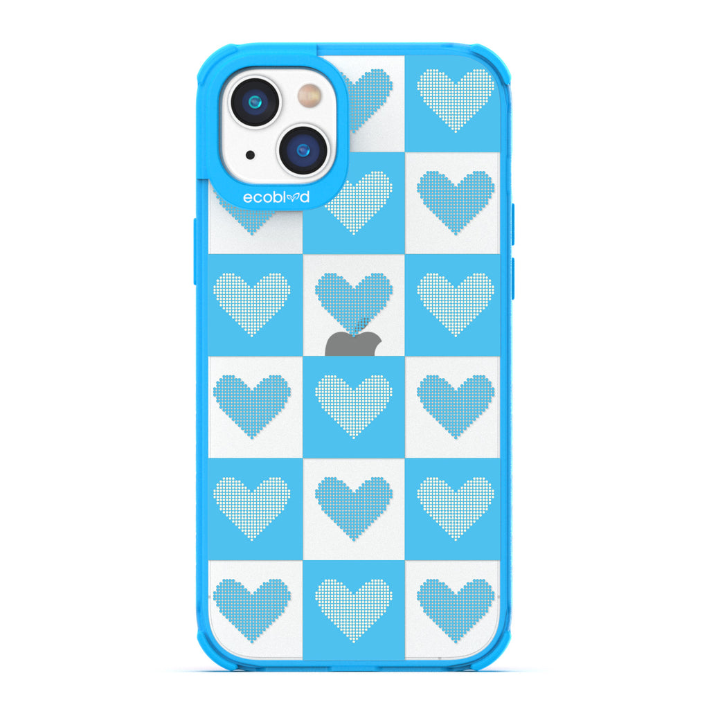 Love Collection - Blue Compostable iPhone 14 Plus Case - Blue Checkered Print With Knitted Hearts On A Clear Back