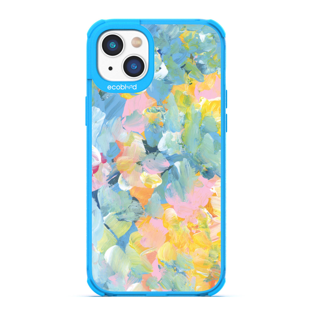 Spring Collection - Blue Compostable iPhone 14 Plus Case - Pastel Acrylic Abstract Paint Smears & Blots On A Clear Back