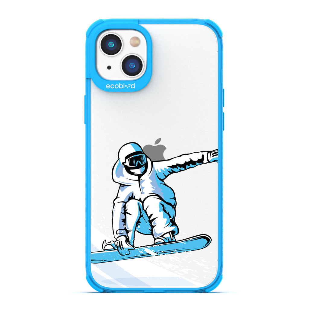 Winter Collection - Blue Eco-Friendly iPhone 14 Case - A Snowboarder Jumps While Holding The Board On A Clear Back