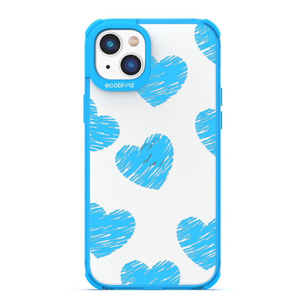 Love Collection - Blue  Compostable iPhone 14 Case - Blue Scribbled Hearts On A Clear Back