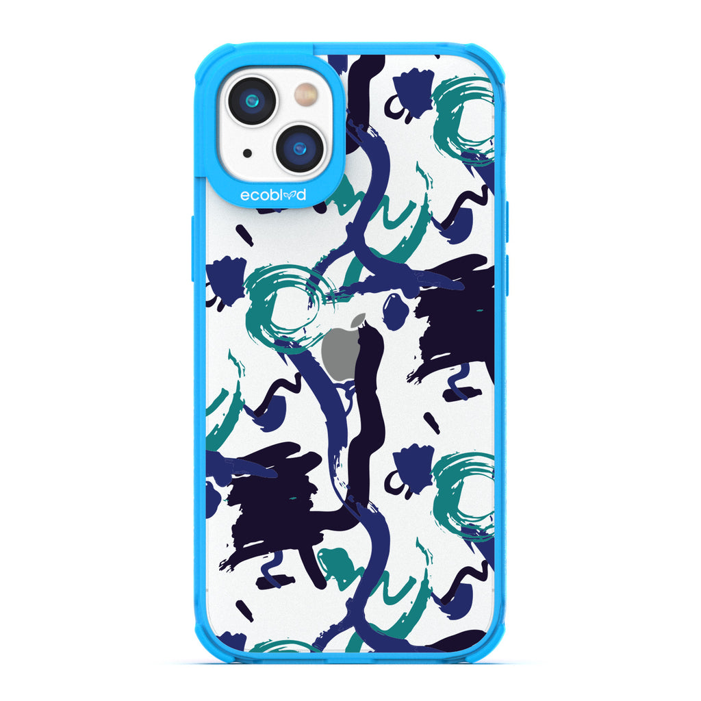 Contemporary Collection - Blue Compostable iPhone 14 Case - Blue, Black, Teal Abstract Paint Swirl On A Clear Back
