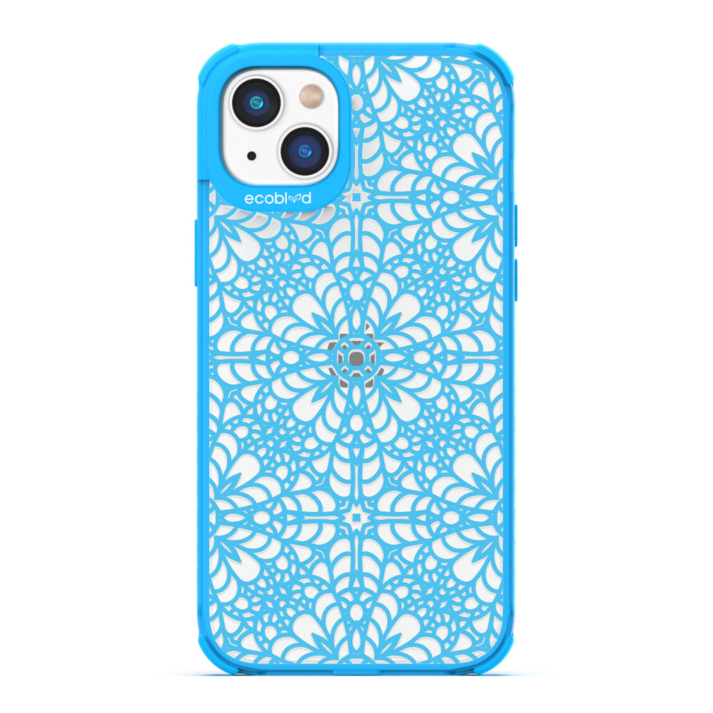 A Lil' Dainty - Blue Compostable iPhone 14 Plus Case - Intricate Lace Tapestry Pattern On A Clear Back