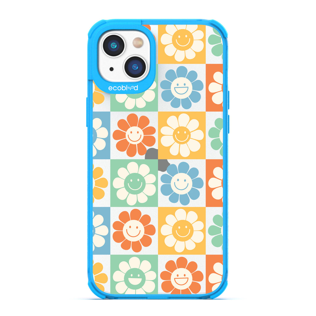 Spring Collection - Blue Compostable iPhone 14 Case - 70's Gingham Cartoon Flowers W/ Smiley Faces On Clear Back