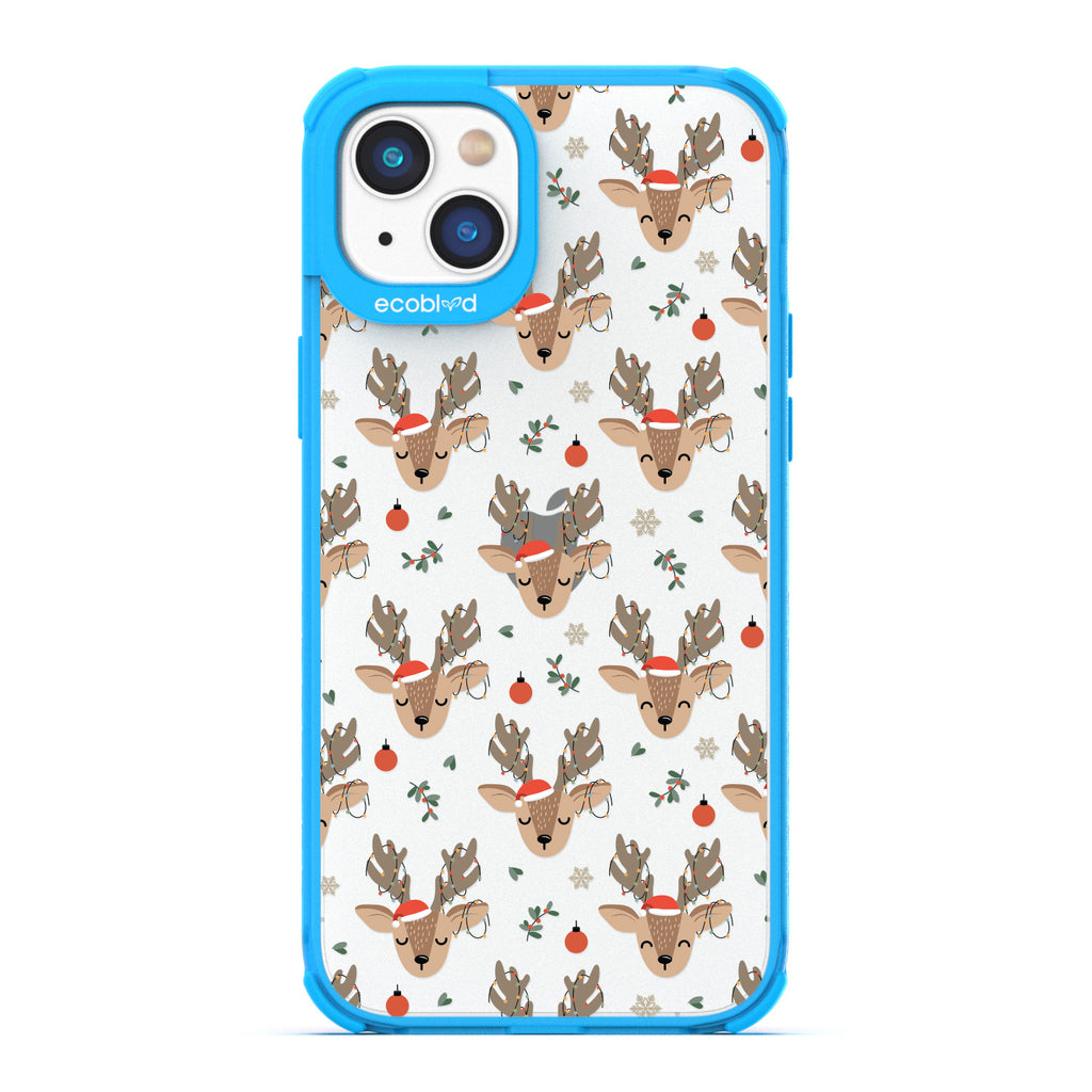 Winter Collection - Blue Laguna iPhone 14 Case With Reindeer Wearing Santa Hats & Christmas Lights On A Clear Back
