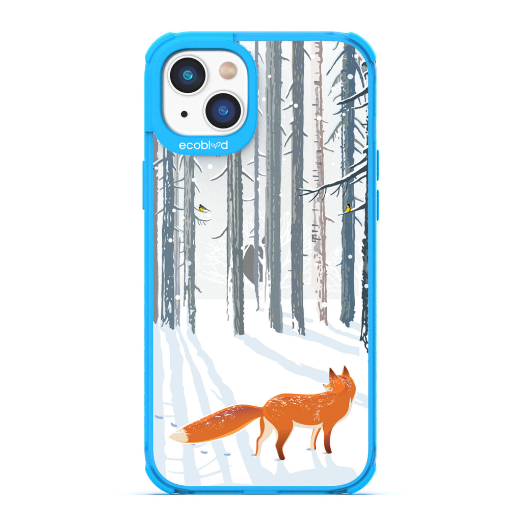 Winter Collection - Blue Compostable iPhone 14 Plus Case - Orange Fox Trails Pawprints In Snowy Woods On A Clear Back