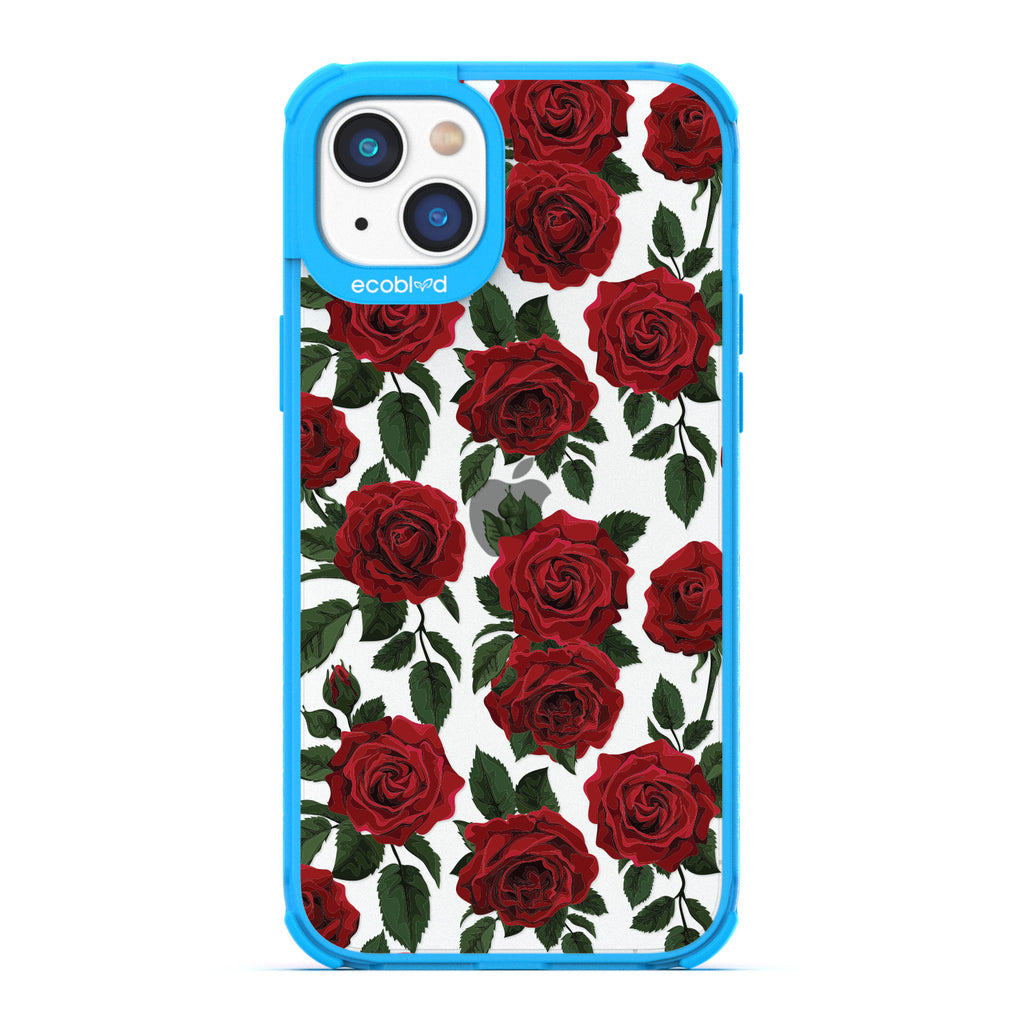 Love Collection - Blue Compostable iPhone 14 Case - Red Roses & Leaves On A Clear Back