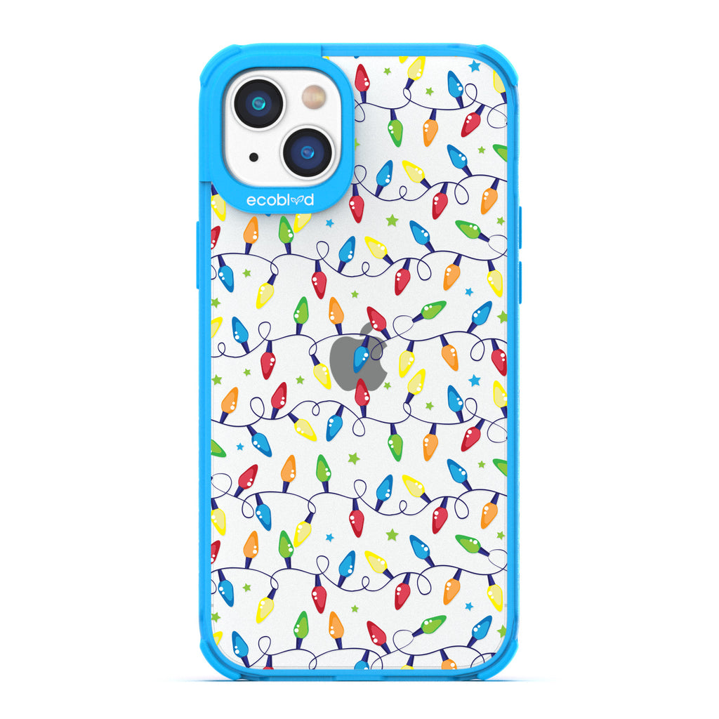 Winter Collection - Blue Compostable Laguna iPhone 14 Case With Multicolored Christmas Lights & Stars On A Clear Back